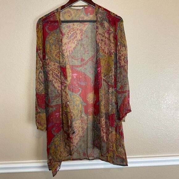 Soft Surroundings Fall Color Sz S M Kimono Crinkle Open Front Paisley Sequin Top - Picture 3 of 12
